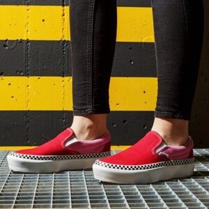 Red and Pink Vans Slip-Ons